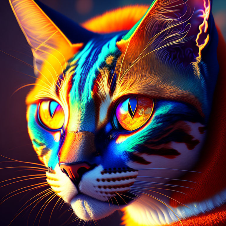 Colorful Digital Cat Portrait with Glowing Amber Eyes and Multicolored Fur