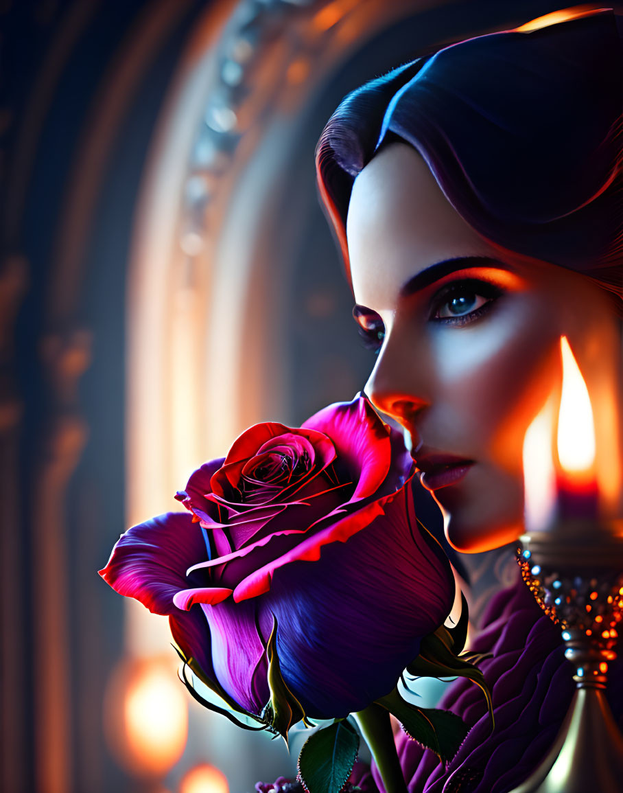 Woman with Blue Eyes Holding Purple Rose by Candlelight