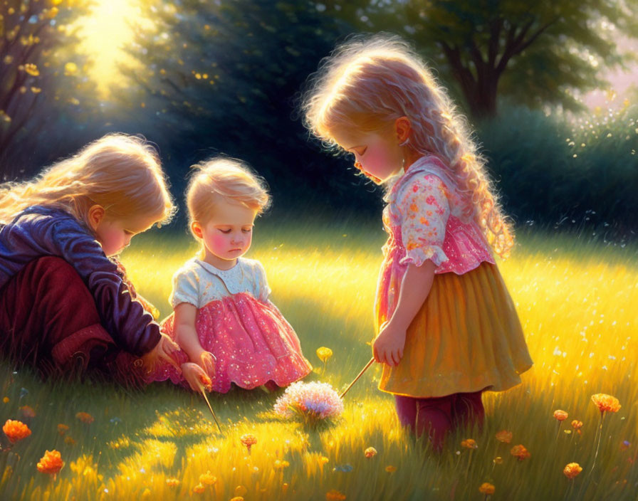 Three children in sunlit field with flowers, two looking at dandelion.