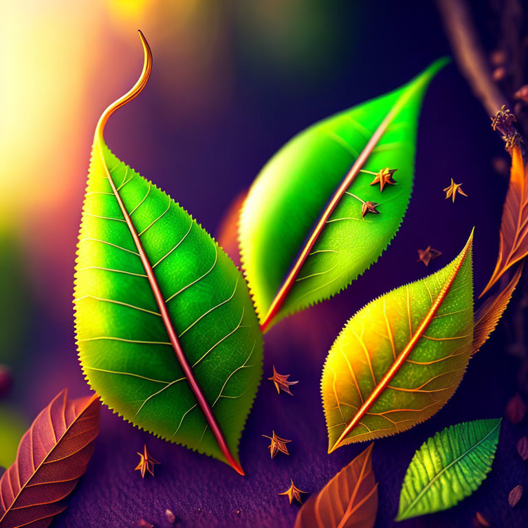 Vibrant green leaves with red veins on dark background with golden stars