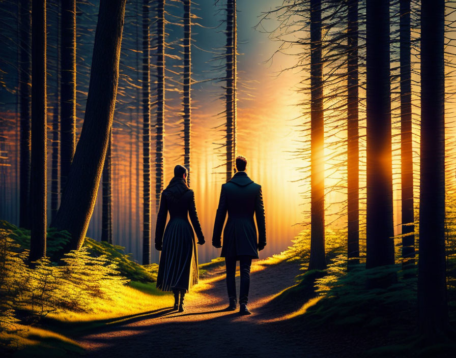 Couple walking hand-in-hand in sunlit forest at sunset