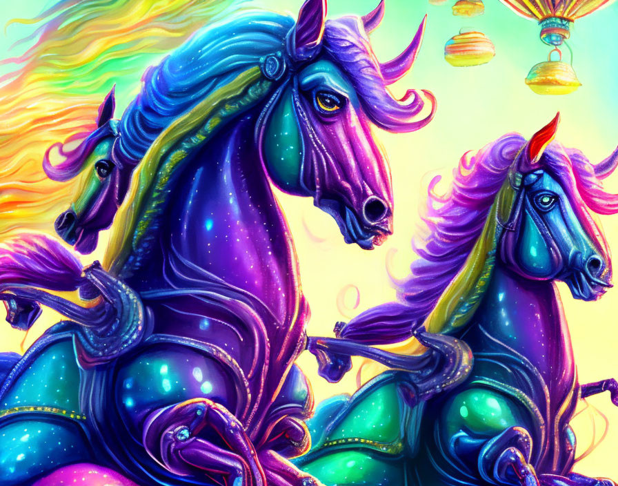 Vibrant mythical horses with galaxy patterns on luminescent backdrop