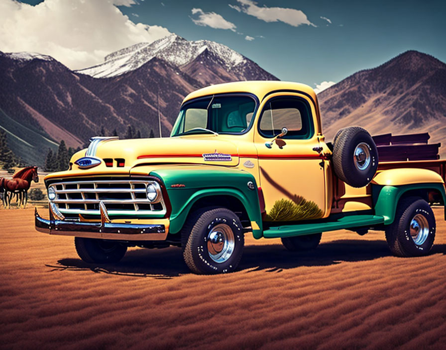 Vintage Yellow and Green Pickup Truck in Field with Horses and Mountains