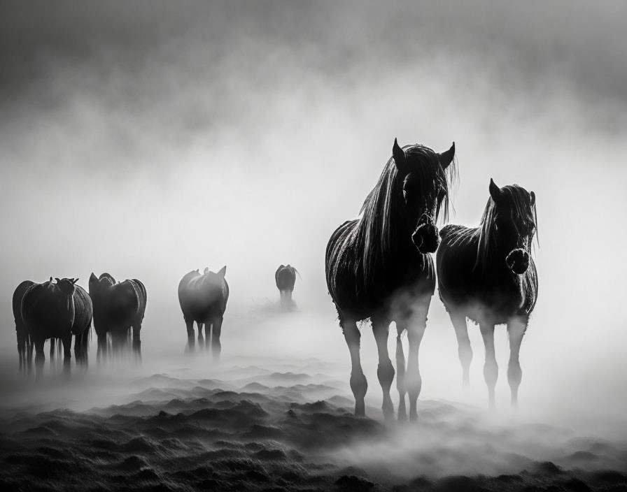 Monochrome image of misty horses in serene setting