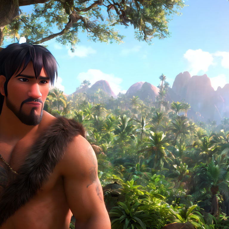 Dark-Haired Male Character with Beard in Fur Shoulder Piece in Jungle Landscape