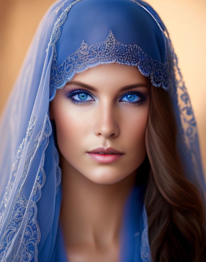 Woman with Blue Eyes in Sheer Veil on Warm Background