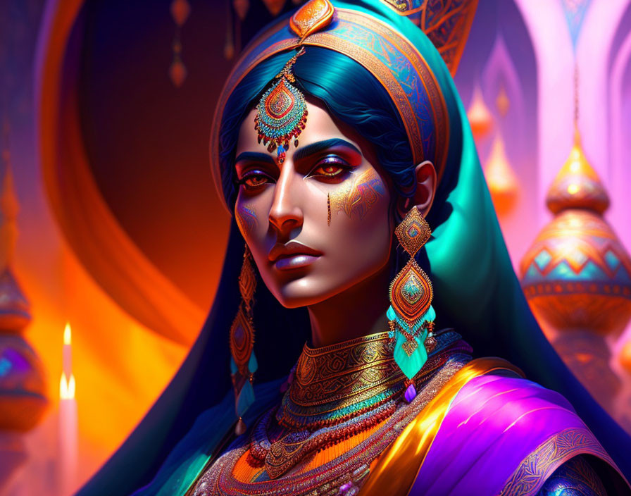 Illustrated portrait of woman with blue skin in traditional Indian attire and jewelry