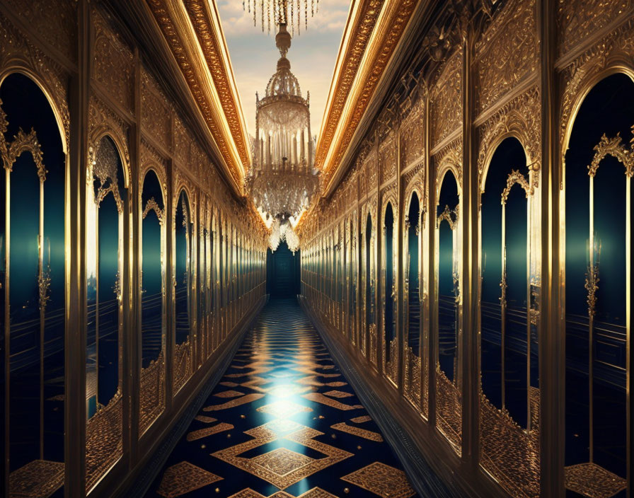 Luxurious ornate corridor with gold detailing and elegant chandeliers