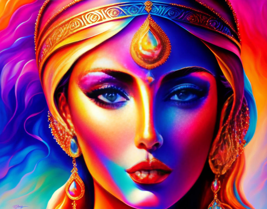 Colorful Portrait of Woman with Jeweled Headband and Psychedelic Background