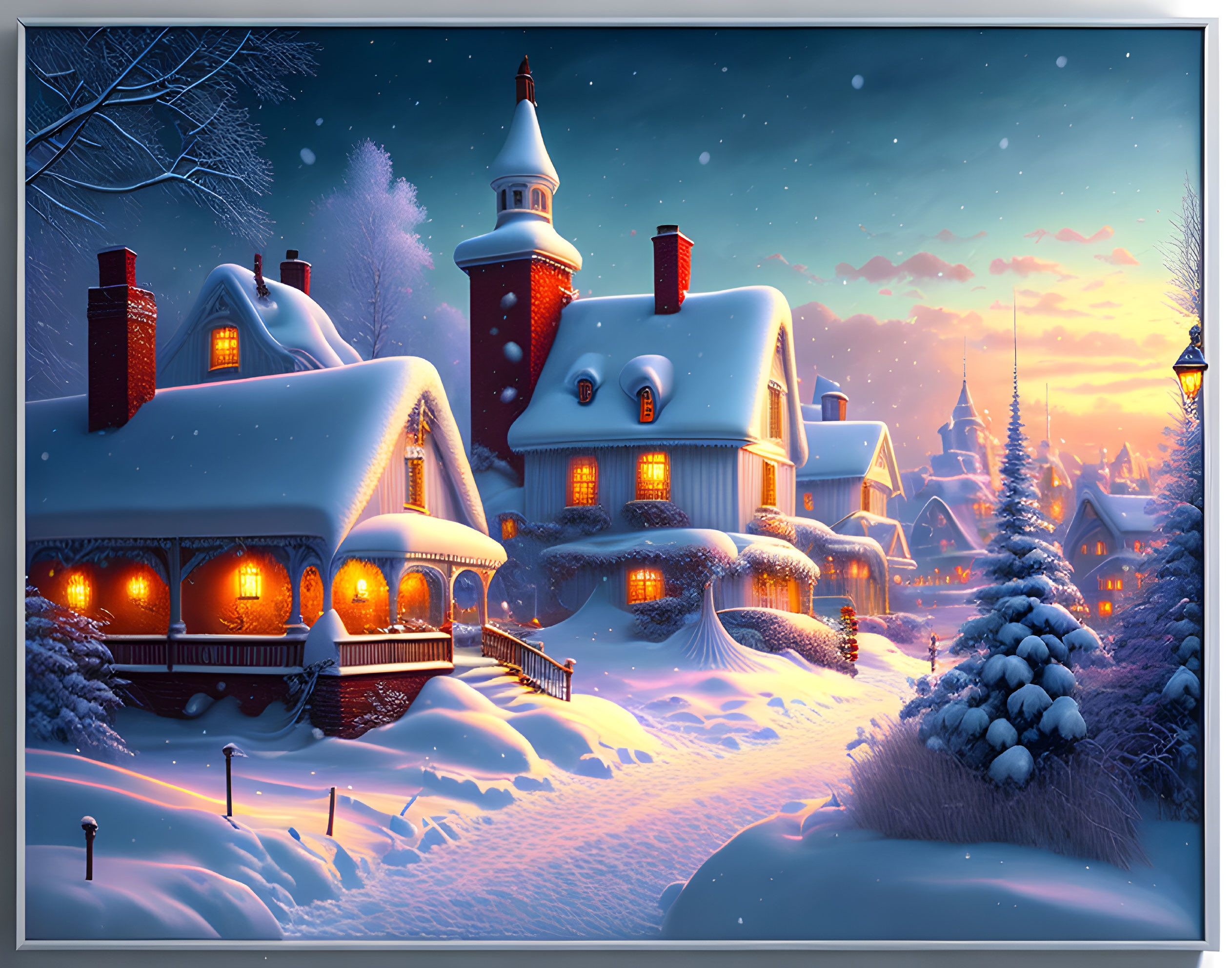 Snow-covered houses and lighthouse in serene winter evening scene