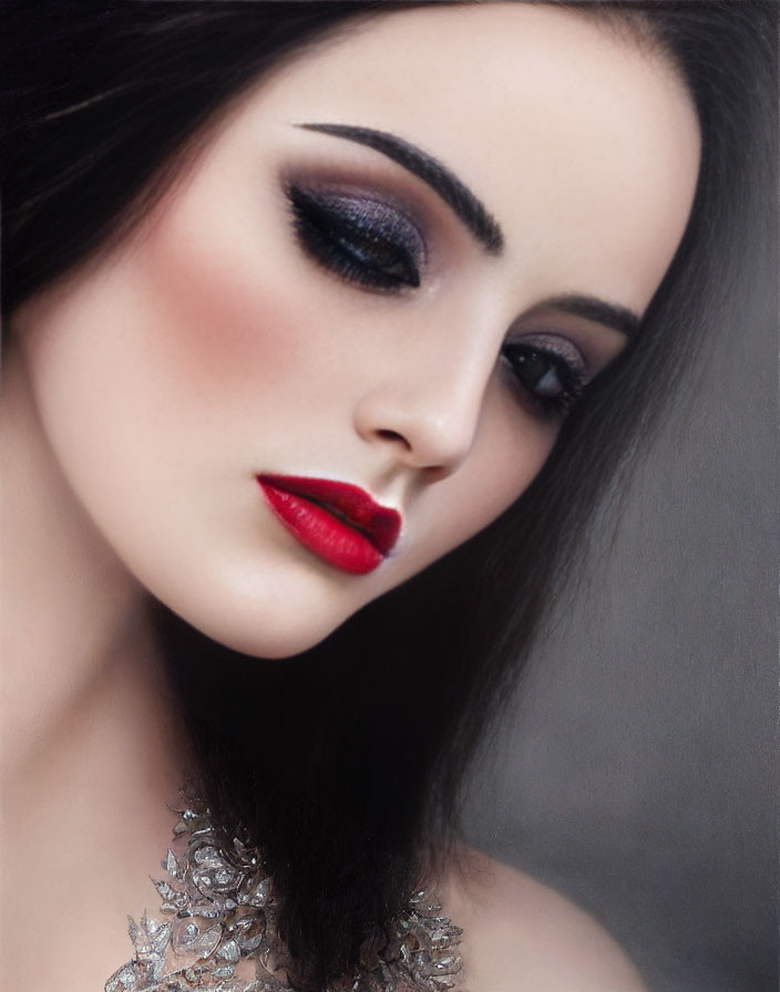 Dramatic makeup with dark smoky eyes and red lipstick on a woman with an elegant necklace