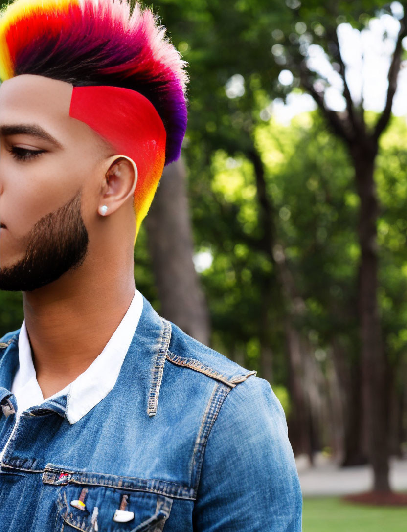 Vibrant rainbow mohawk hairstyle and denim jacket in park setting