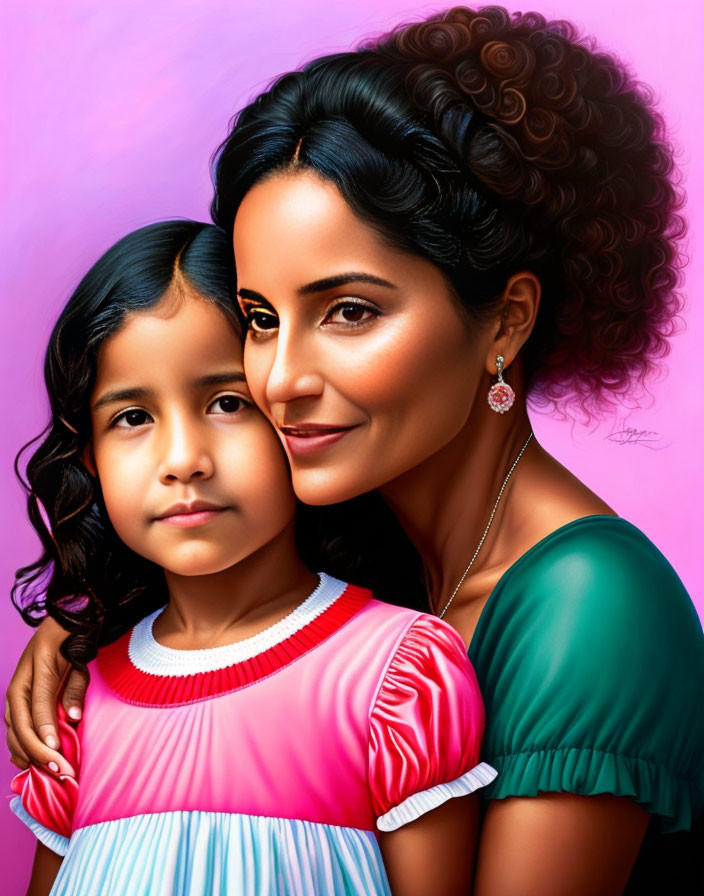 Illustration of Woman and Girl with Family Resemblance on Pink Background