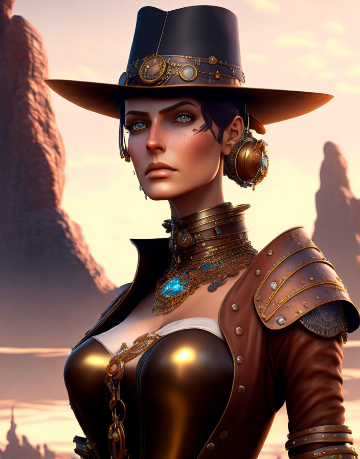 Steampunk-themed digital art of woman in desert setting