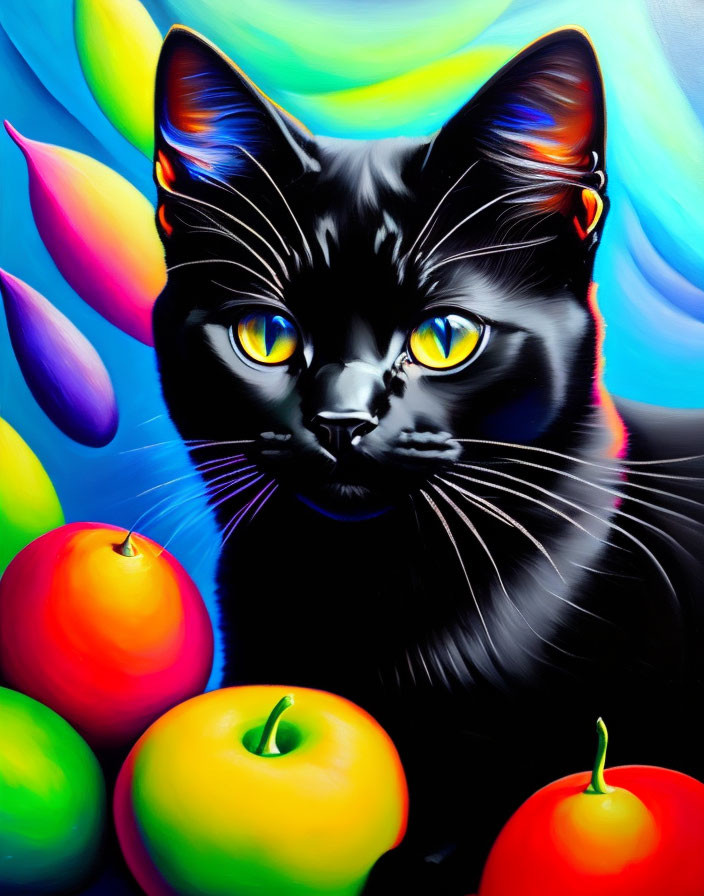 Colorful Painting of Black Cat with Yellow Eyes and Fruits on Rainbow Background