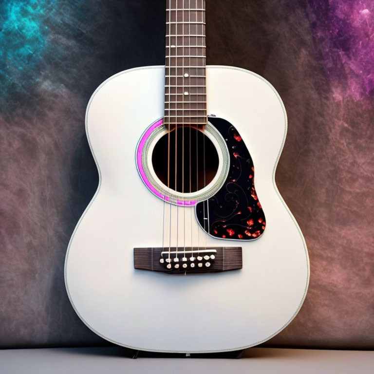 White Acoustic Guitar with Black Pickguard and Multicolored Light Reflections