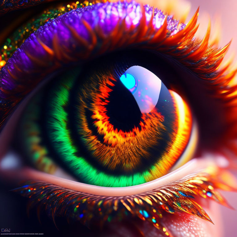 Vividly colorful eye close-up with multi-colored iris and bright reflection