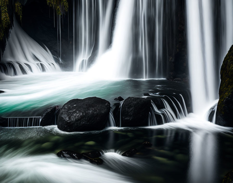 Tranquil waterfall scene with misty waters and lush foliage