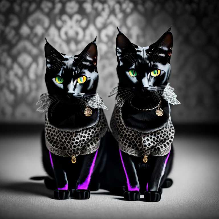 Two black cats with yellow eyes in lace collars & purple cloaks on patterned background