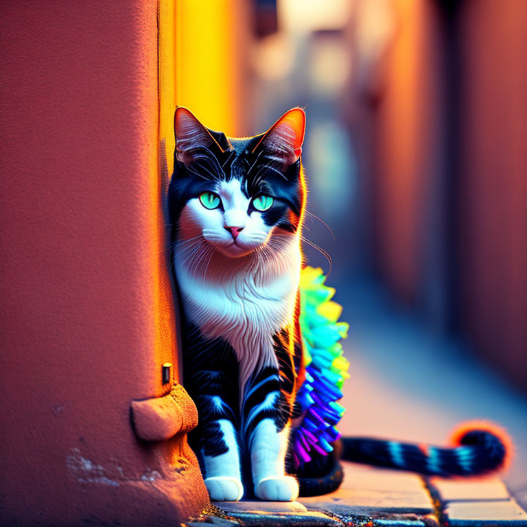 Black and white cat with colorful feather collar peeking from sunlit alleyway