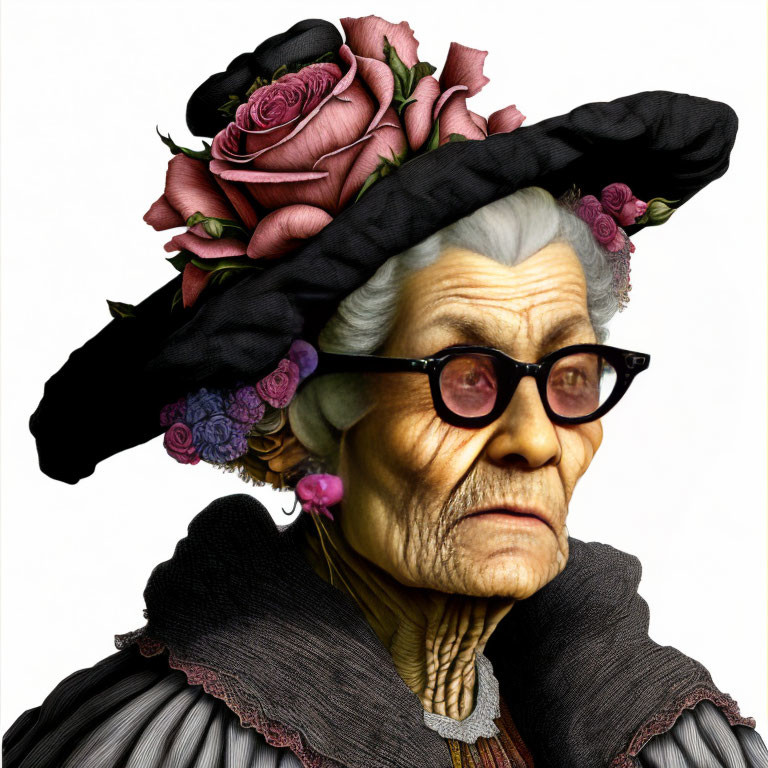 Elderly woman with stern look, glasses, black hat with pink roses, ruffled collar