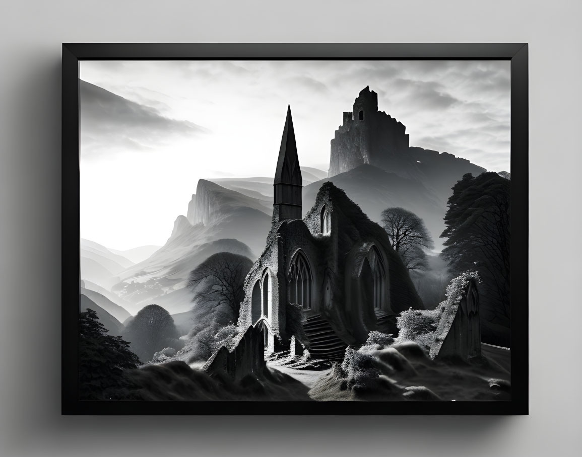 Monochrome framed artwork of dramatic gothic landscape with ruins and castle in misty mountains