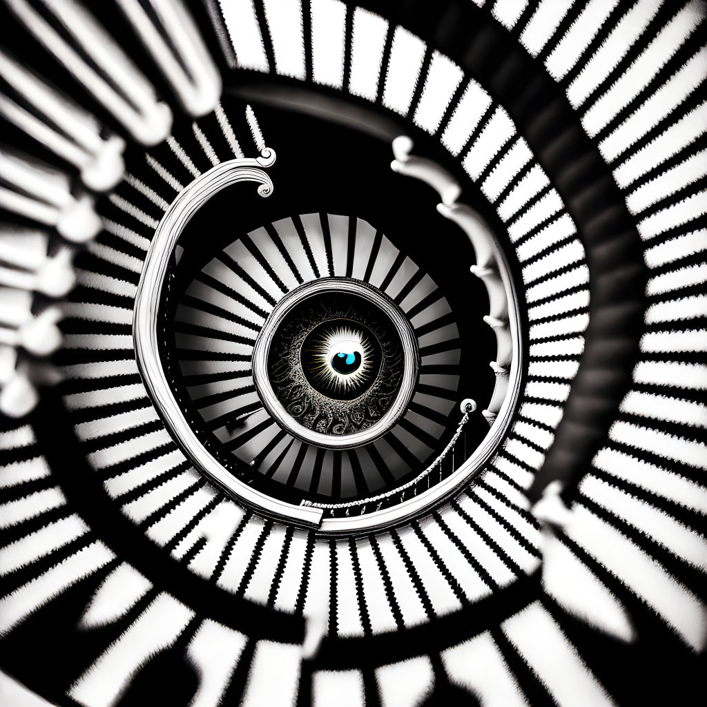 Surreal black and white spiral staircase with eye-like design