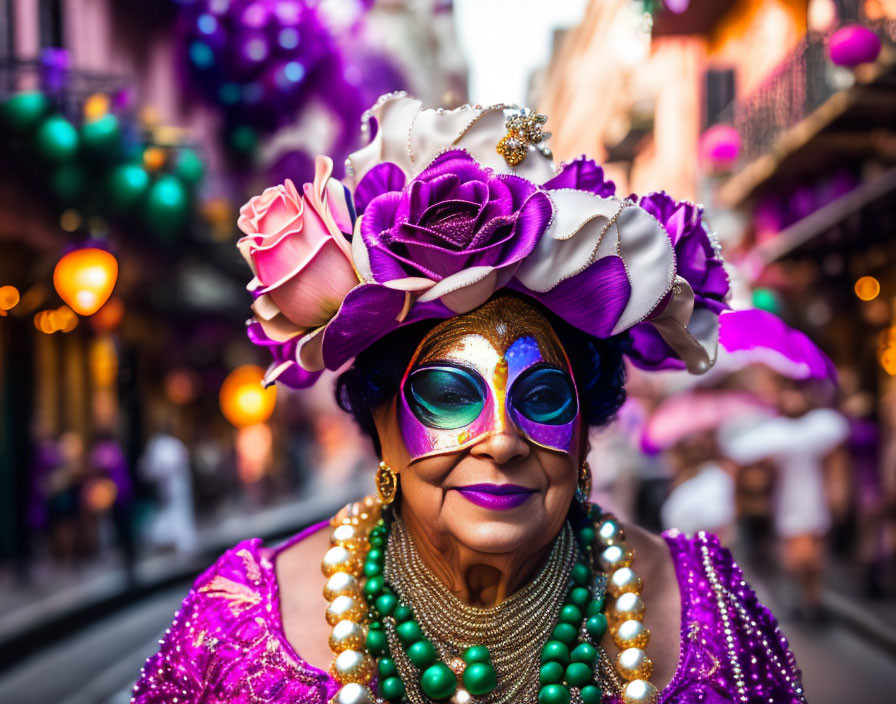 Colorful Mardi Gras Costume with Mask, Beads, and Hat in Festive Setting