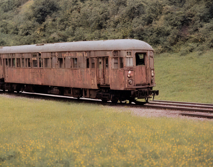 Rusty train carriage on tracks in lush greenery with yellow wildflowers