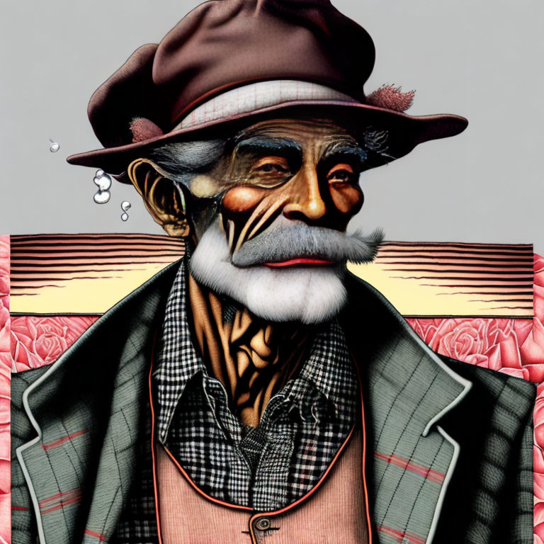 Whimsical elderly man in hat and plaid jacket with tree-like veins on face