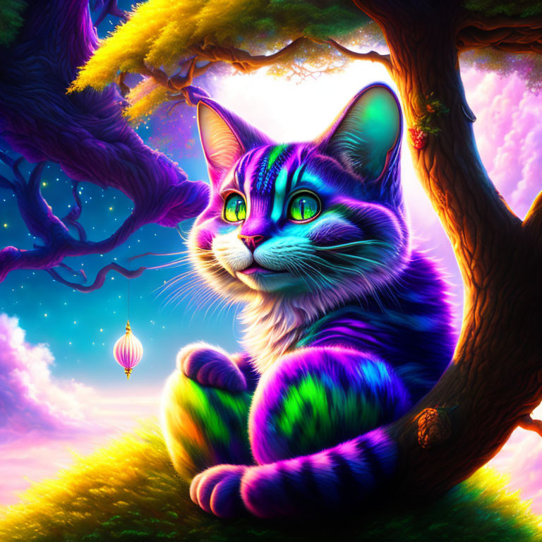 Colorful Striped Cat Under Tree in Whimsical Landscape