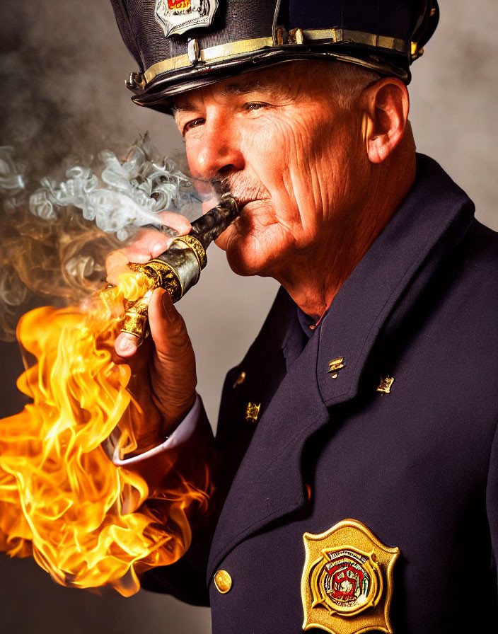 Smirking firefighter in uniform with large cigar and dramatic flames