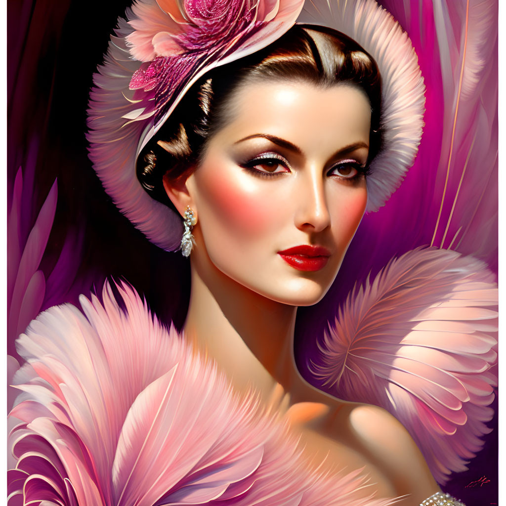 Vintage-inspired portrait of a woman with pink feathers and floral hat.