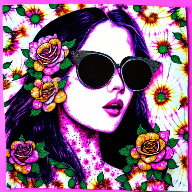 Colorful Artwork of Woman with Sunglasses and Psychedelic Floral Patterns