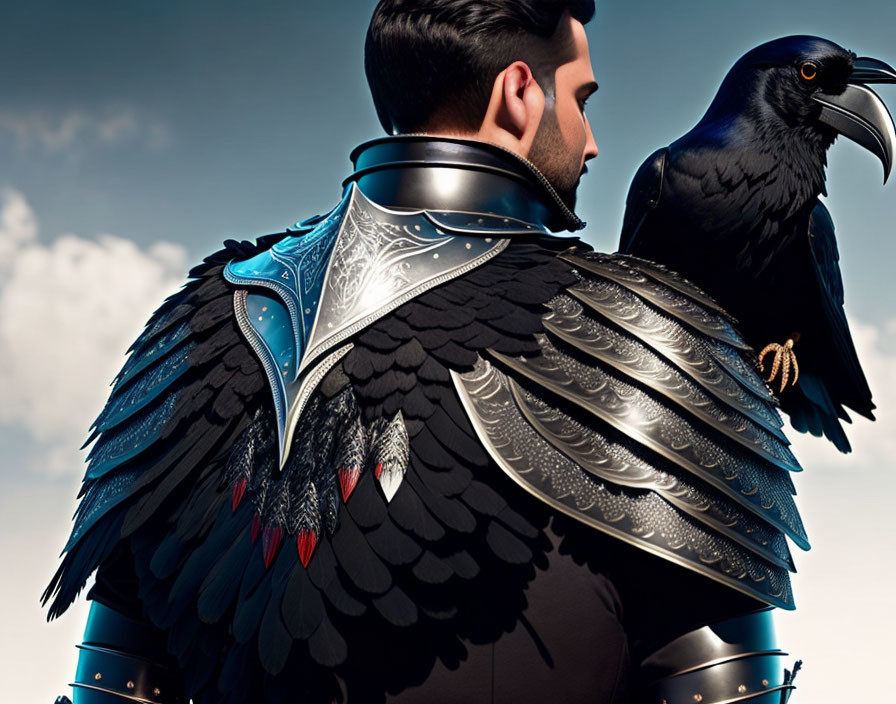 Person in ornate armor with feather-like details beside a raven against cloudy sky.