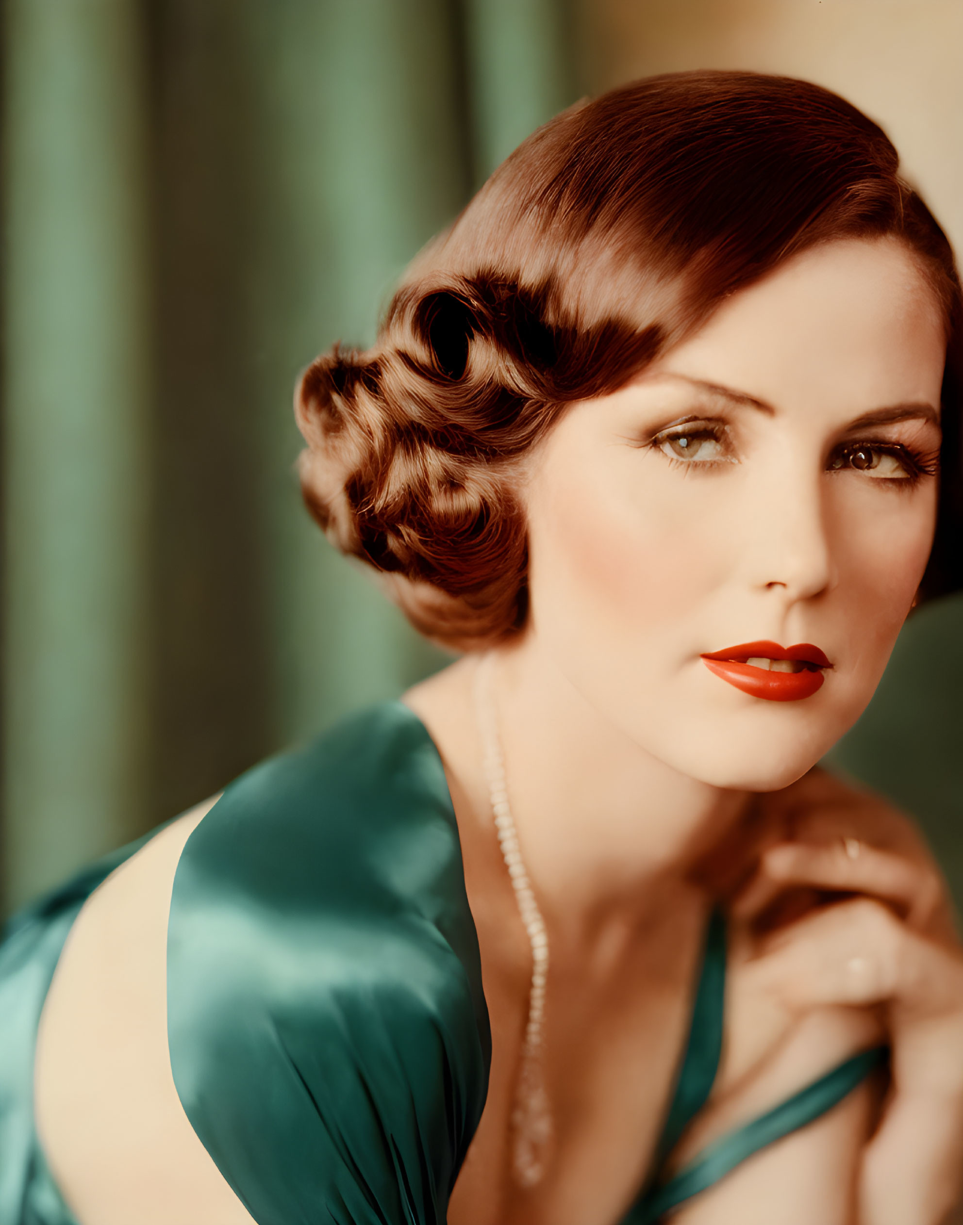 Vintage-Style Portrait of Woman with Marcel Waves Hairstyle and Red Lipstick