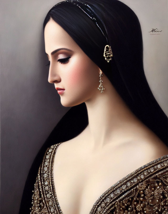 Detailed side profile of woman with long black hair, earring, hairpiece, and embroidered garment