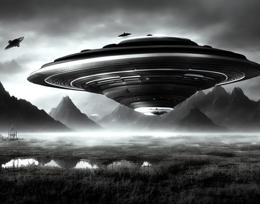 Large UFO over misty landscape with mountains & smaller craft nearby