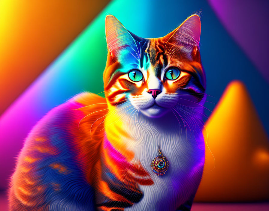 Colorful Digital Art: Orange Tabby Cat on Geometric Background with Pendant