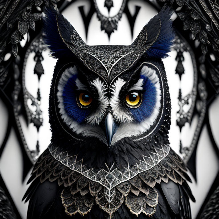 Detailed digital owl artwork with vibrant yellow eyes on black-and-white background