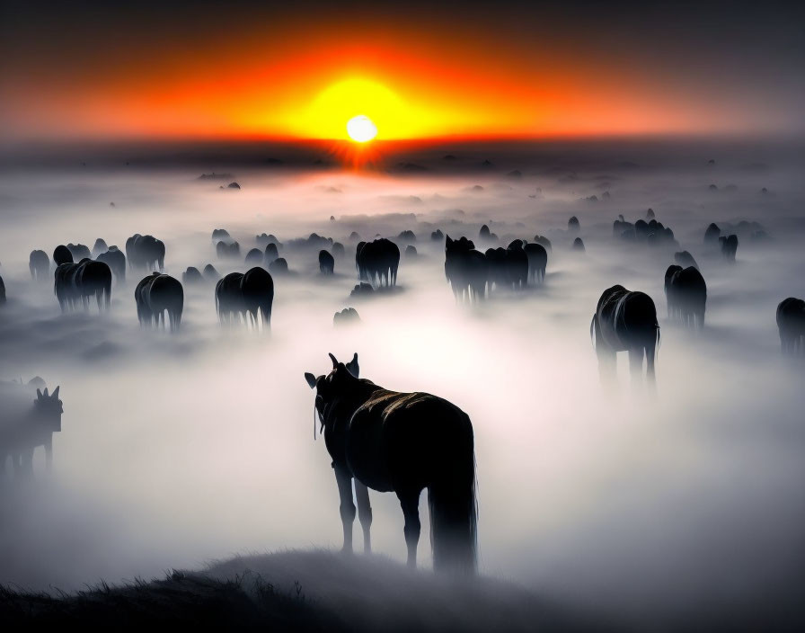 Horse standing on hill with herd in misty background at sunrise/sunset