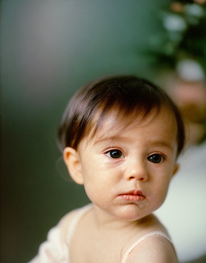 Baby with Soft Brown Eyes and Light Brown Hair Gazing Sideways