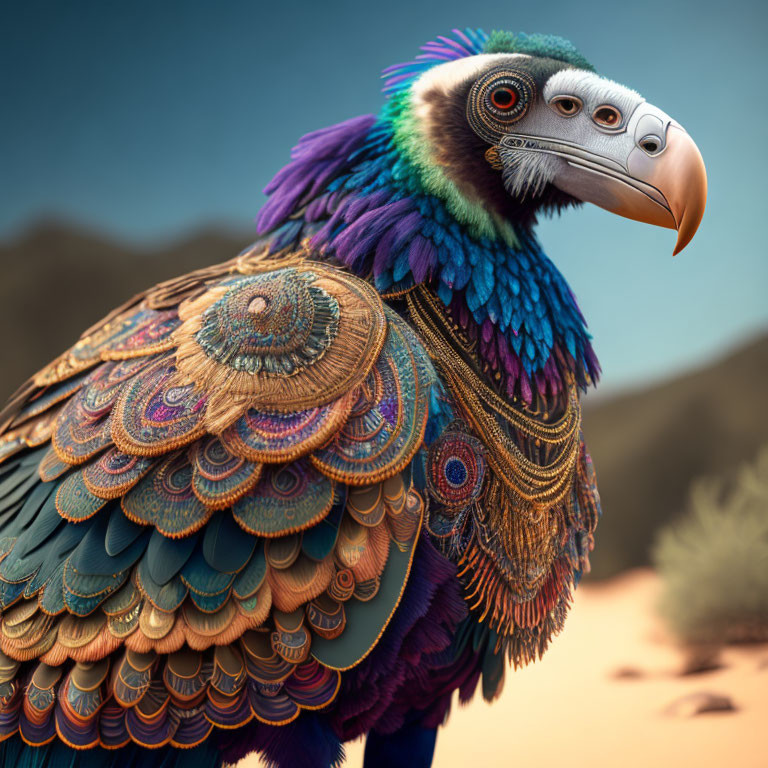 Colorful Fantastical Creature with Eagle Beak and Iridescent Feathers in Desert