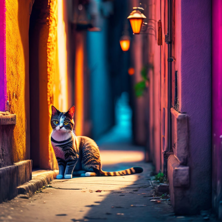 Colorful alleyway with vibrant orange walls and a cat with striking patterns casting a shadow.