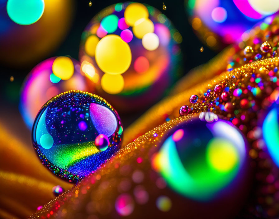 Vivid Water Drops Close-Up with Colorful Bokeh Lights