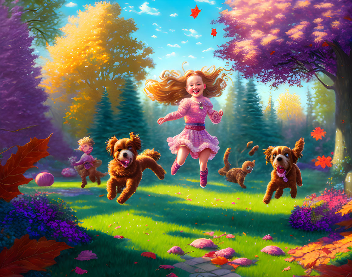 Girl in Pink Outfit Leaping with Dogs in Colorful Autumn Forest