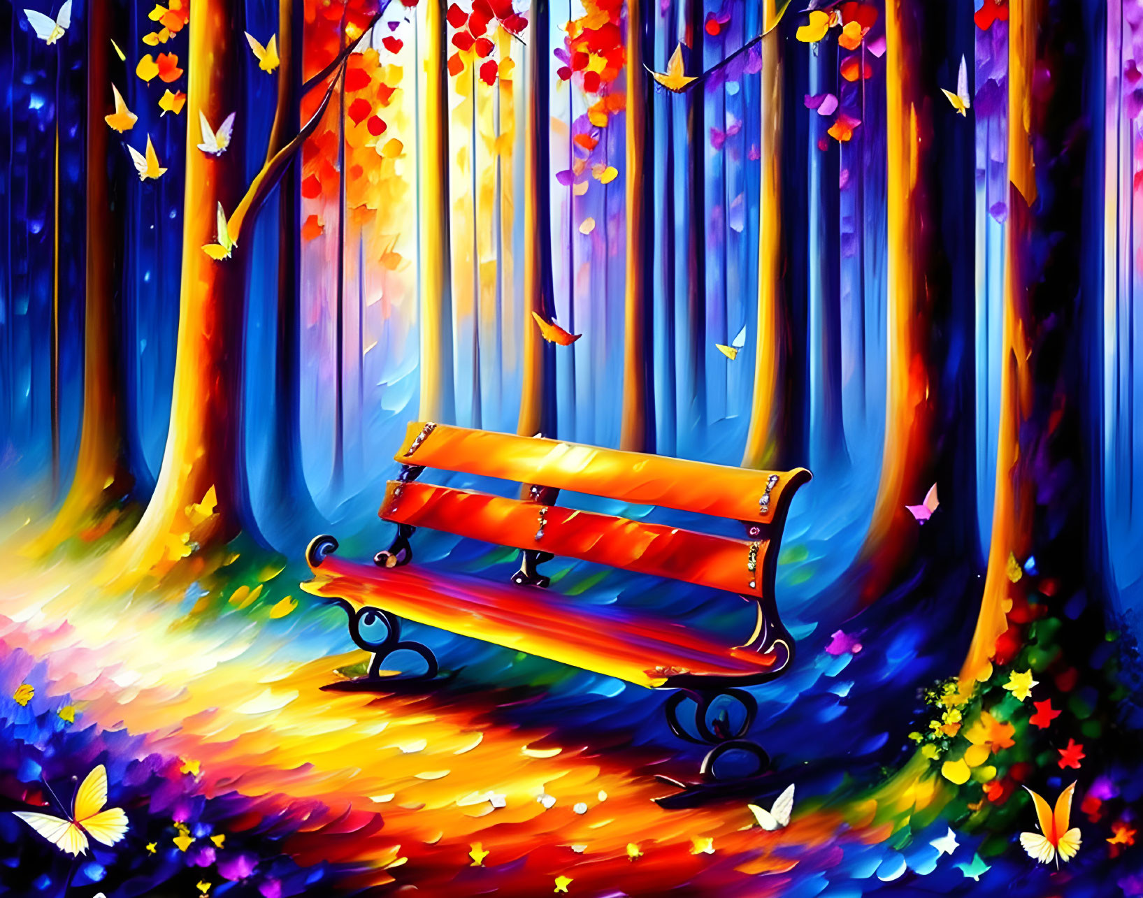 Colorful Whimsical Forest Painting with Bench and Butterflies