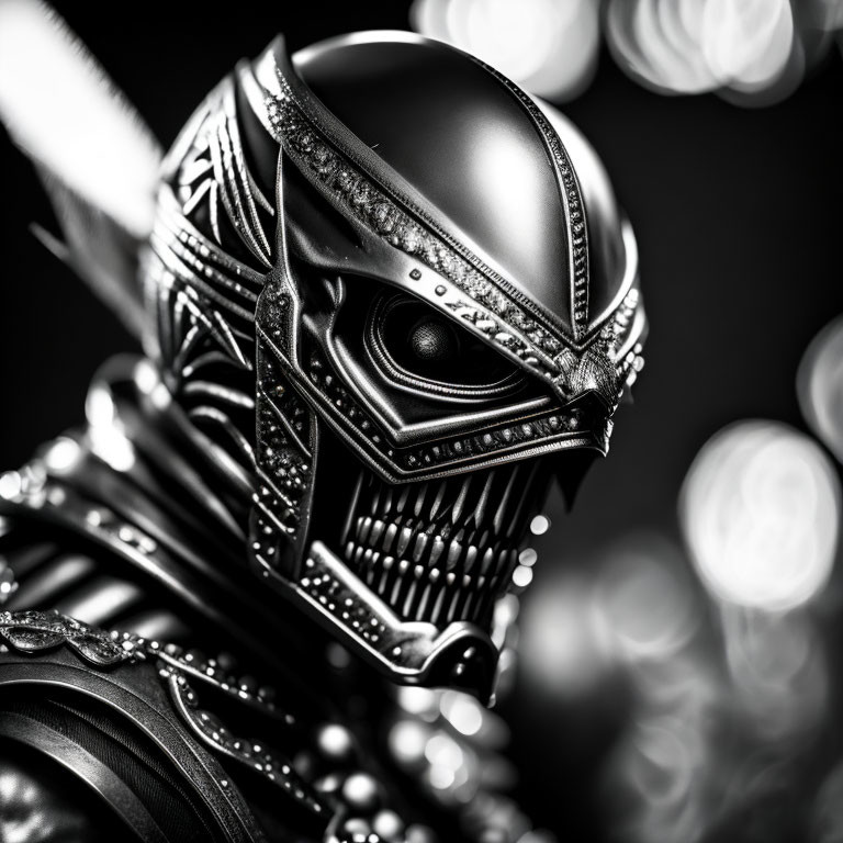 Detailed futuristic warrior helmet in black and white with intricate designs.