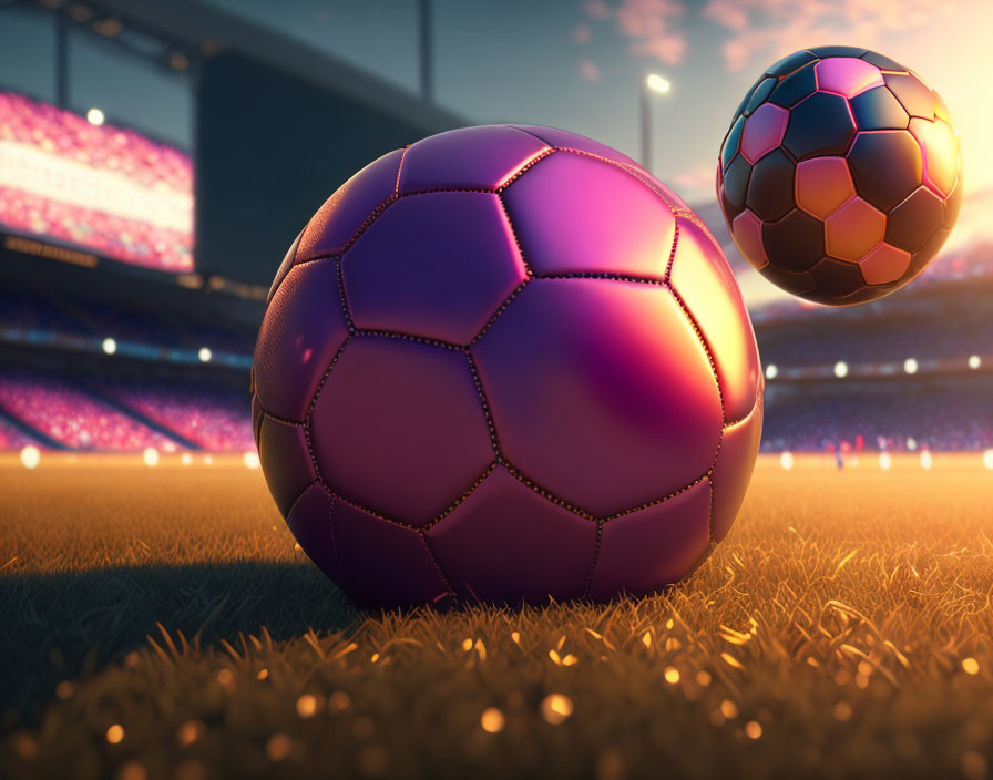 Soccer balls on field under stadium lights at dusk