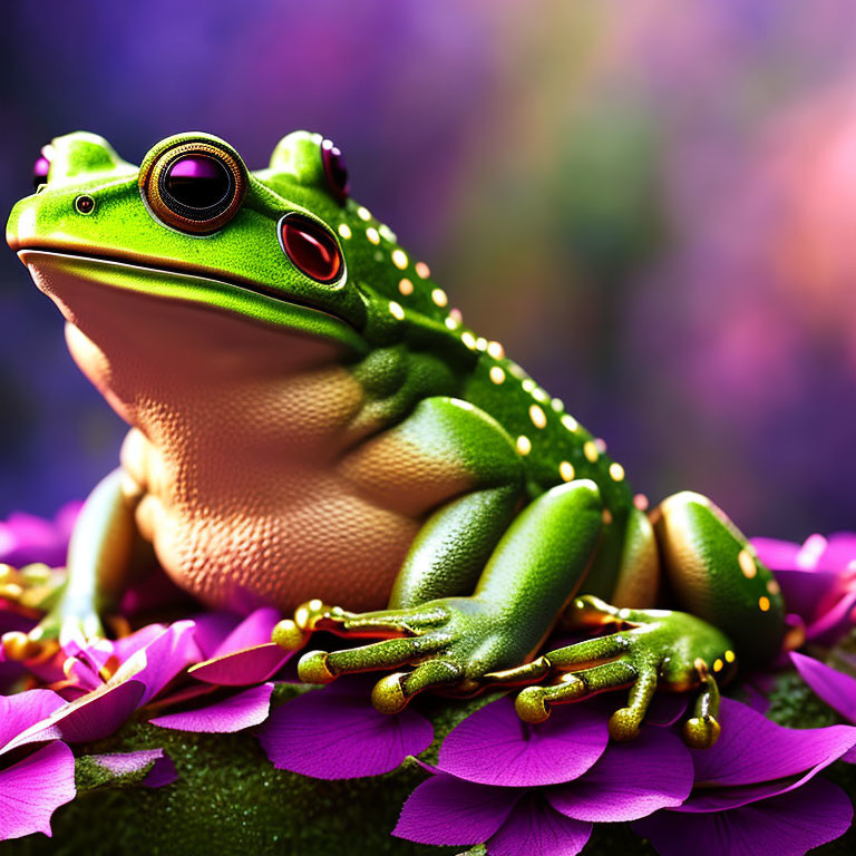 Colorful Green Frog with Red Eyes on Purple Flower in Blurred Background